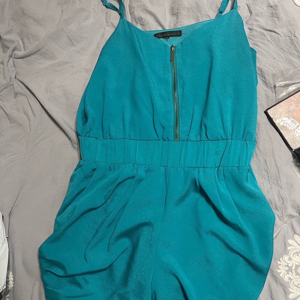blue zip up front romper